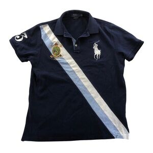 Vintage Ralph Lauren Navy and Light Blue Polo Shirt Large